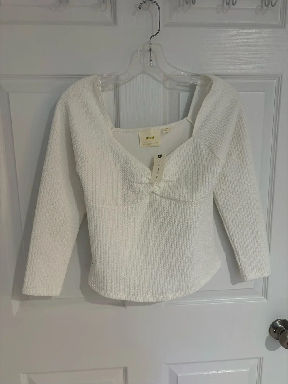 NWT Maeve By Anthropologie White Ruched Square Neck Knit Crop Top